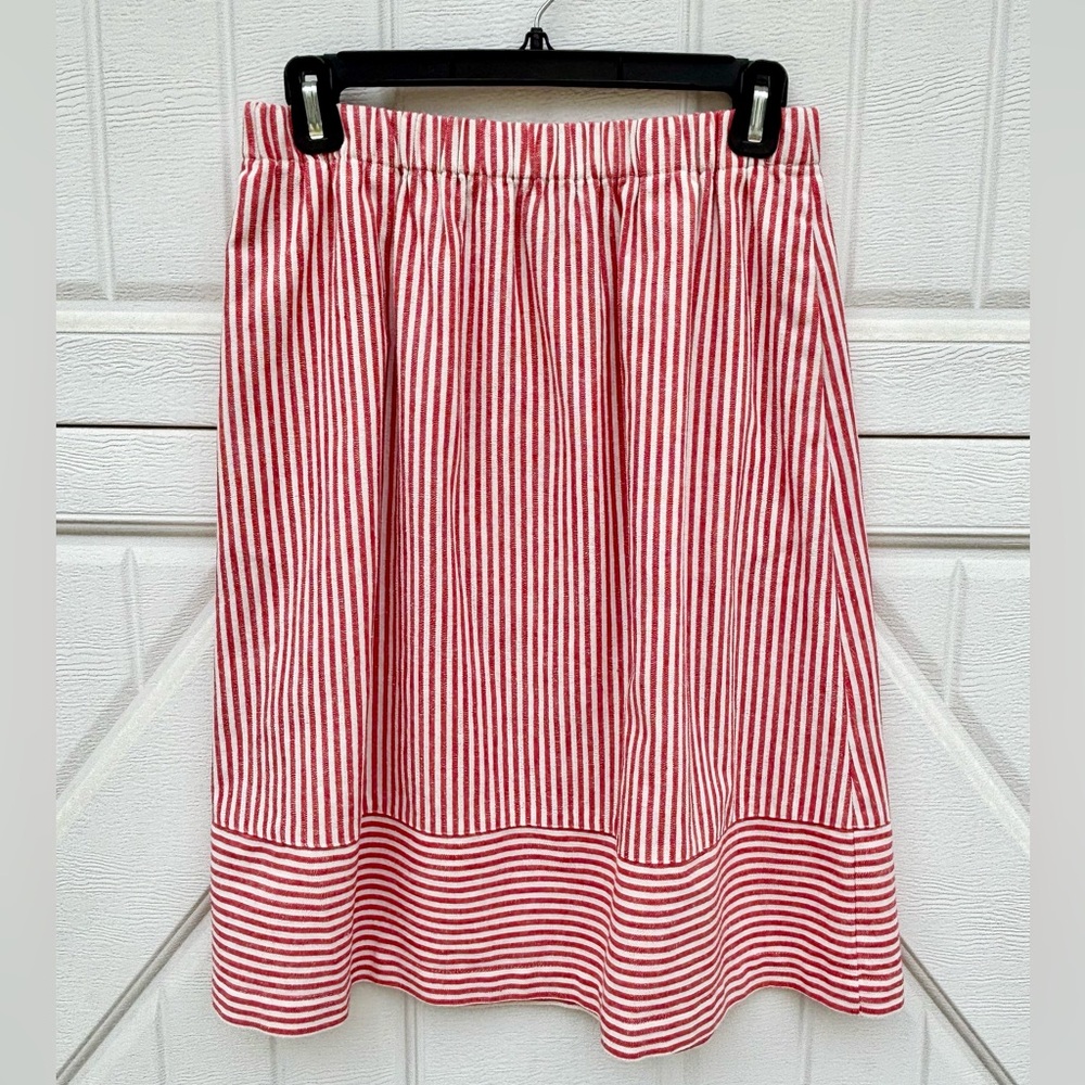 J.Crew Red White Stripe Midi Skirt Small Elastic Waist Pockets